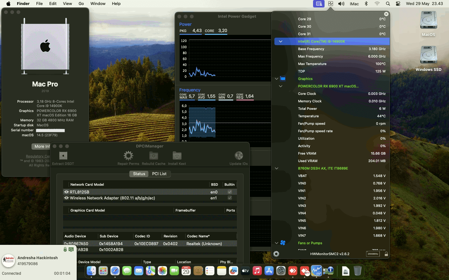 Success Hackintosh macOS Sonoma 14.5 Build 23F79 in Gigabyte B760M DS3H AX + Intel Core i9 14900K + PowerColor RX 6900 XT